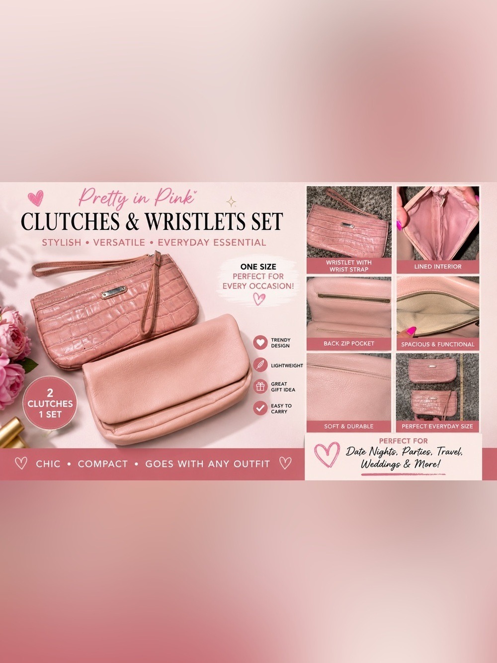 Pink Faux Leather Clutch & Croc Wristlet Set Y2K Coquette